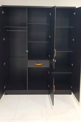 Black 3-Door Wardrobe with Shelves and Drawer - Good quality