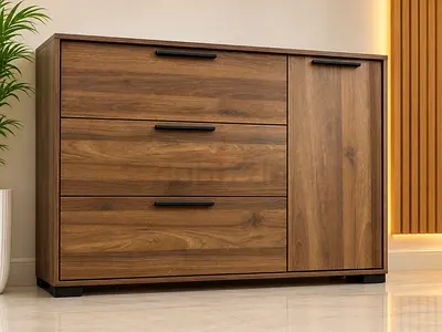 Wooden 3-Drawer Sideboard with Cabinet — Walnut Finish