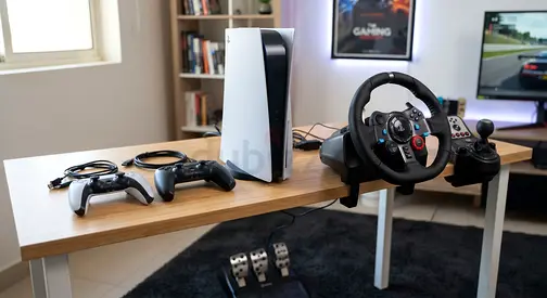 PlayStation 5 console with DualSense controllers + racing wheel and pedals (ready to play)