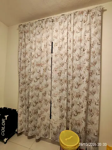 IKEA Curtain- Pair of beige & floral curtains - good condition, ready to hang with rod& all brackets