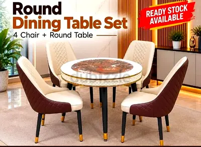 Round 5-piece Dining Table Set with 4 Upholstered Chairs - Marble Top Look