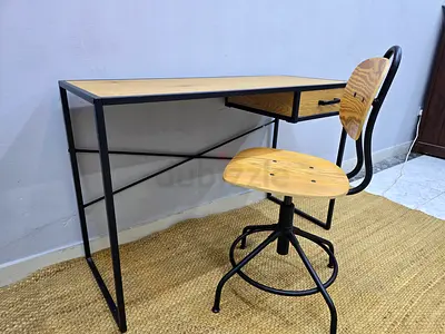 Industrial style wooden desk with matching swivel chair - good condition