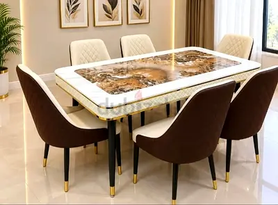 Modern Marble-Top Dining Table with 6 Upholstered Chairs