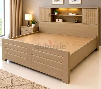 Wooden King Size Bed with Built-in Headboard Storage - Light Oak and Mattress 180×200 cm