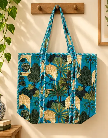 Large Quilted Tote Bag with Tropical Print