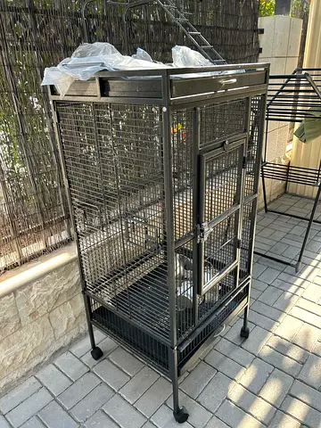 Large Black Metal Bird Cage with Stand and Wheels - Good Condition