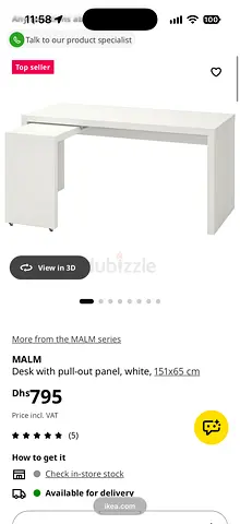 IKEA MALM White Desk with Pull-Out Pedestal (151x65 cm)