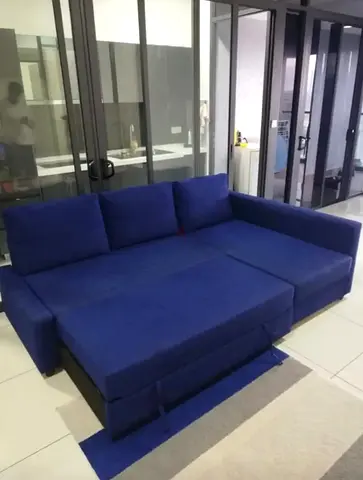 Blue L-shaped Sofa Bed with Pull-Out Double Bed