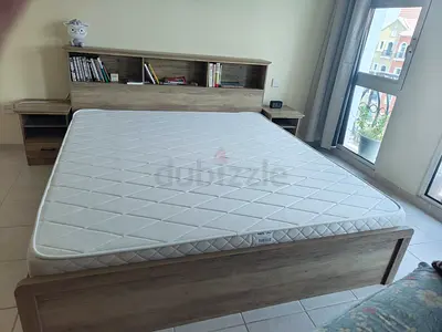 Brown Wooden King bed with Headboard Shelves and 2 side tables