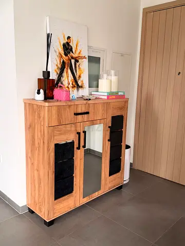 Wood Finish Hallway Cabinet with Mirror and Storage Drawers. Shoe cabinet
