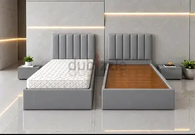 Grey upholstered single bed frame with padded headboard 90/190 cm