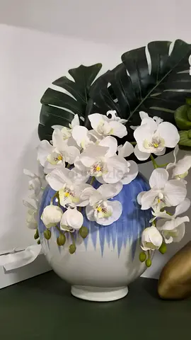 White Artificial Orchid Arrangement in Blue-White Ceramic Vase