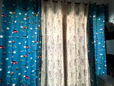 Set of 4 Children's Curtain Panels - Blue Cars & Beige Fairies, Ready to Hang