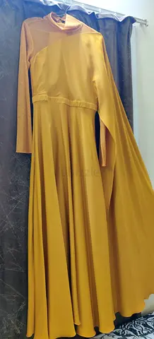 Mustard Yellow Long Sleeve Maxi Dress, Light Stretch Fabric