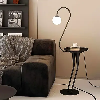 Modern Black Floor Lamp with Integrated Side Table