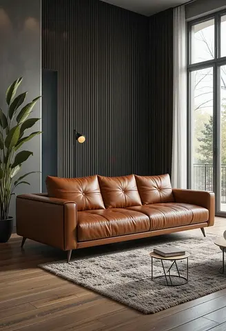 Genuine Leather 3-Seater Sofa in Cognac — Modern Minimalist