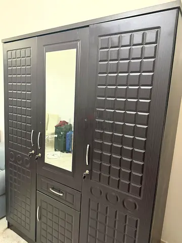 Dark Wood 3-Door Wardrobe with Mirror - Good Condition