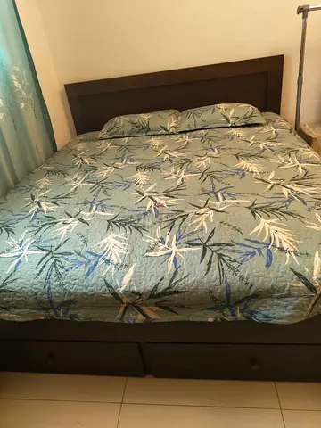 King bed frame with storage drawers and headboard - dark wood