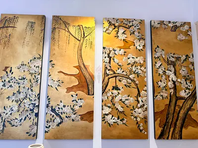 Set of 4 Vintage Gold Floral Panel Paintings （Oriental Style）