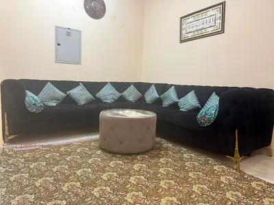Large L-shaped Velvet Sofa with Ottoman - Good Condition