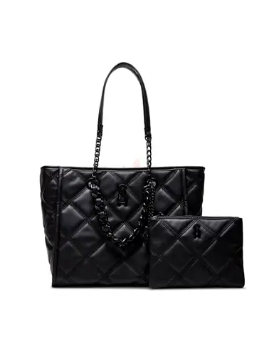 Black Quilted Leather Tote Bag with Matching Pouch