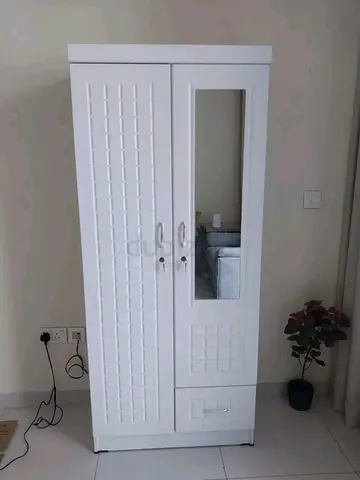 White 2-Door Wardrobe with Mirror and Drawer - Good Condition