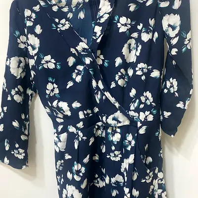 Navy Floral Wrap Dress - Size Medium (3/4 Sleeves)