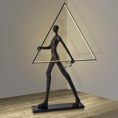 Modern Sculptural Table Lamp — Walking Figure with Triangular LED Frame