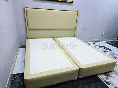 Beige Upholstered super king Bed Frame with Headboard (2 single bases together)