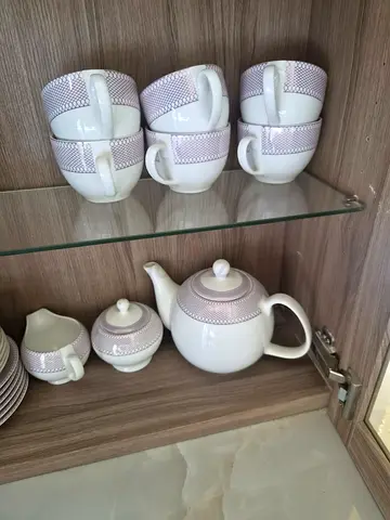 White and Lilac Porcelain Tea Set — Teapot, Sugar, Creamer + 6 Cups