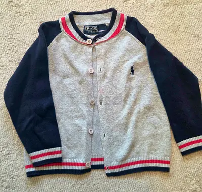 Polo Ralph Lauren kids button-up cardigan, navy & grey, size 4 - 6 years