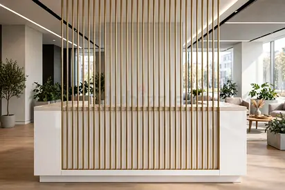 Saevira Brass-Rod Reception Counter, Lobby Desk – Astral