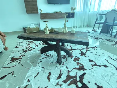 Solid Live-Edge Wooden Coffee Table with Natural Branch Base