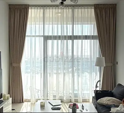 Beige floor-to-ceiling curtains with sheer panels — used, excellent condition
