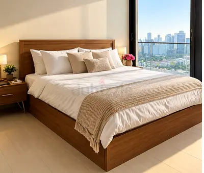 Queen wooden storage bed frame with under-bed drawers, good condition