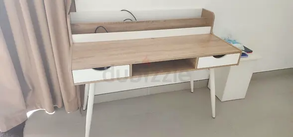 Light wood study desk with drawers and shelf — good condition