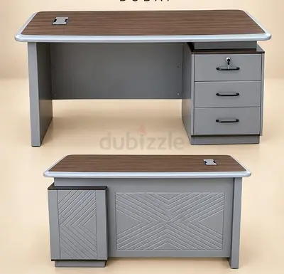Executive Office Desk with 3-Drawer Pedestal — Wooden Top, Grey Frame