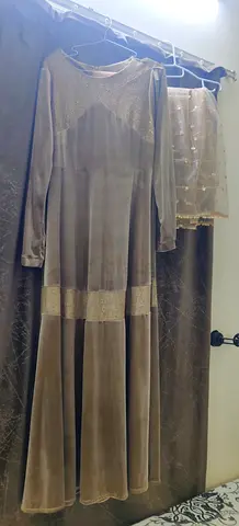 Long modest velvet dress with matching shawl - light brown/gold, good condition
