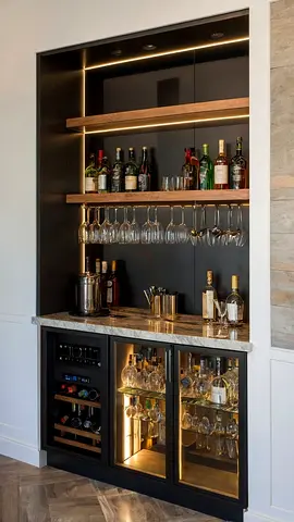 Built-in home bar unit with wine cooler space and glass storage