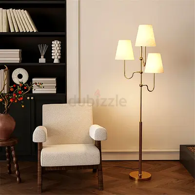 Modern brass 3-arm floor lamp with fabric shades — excellent condition