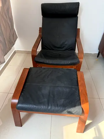 IKEA Poang-style Leather Armchair with Ottoman - Dark Leather, Wood Frame