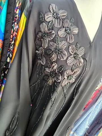 Black handwork embroidered abaya with floral beadwork - gently used