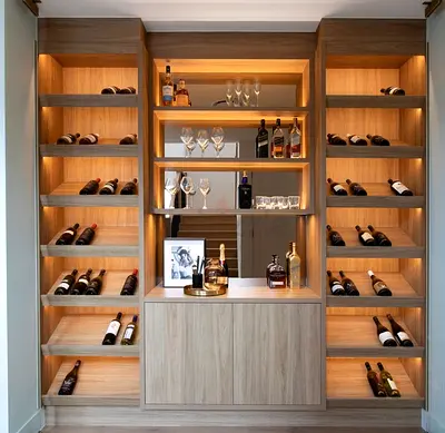 Built-in wooden wine display and bar cabinet with LED lighting