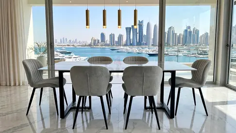 Modern 6-Seater Marble Dining Table with Upholstered Chairs - Marina View
