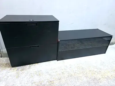 Pair of black modular storage cabinets / TV stand - sturdy metal wood mix
