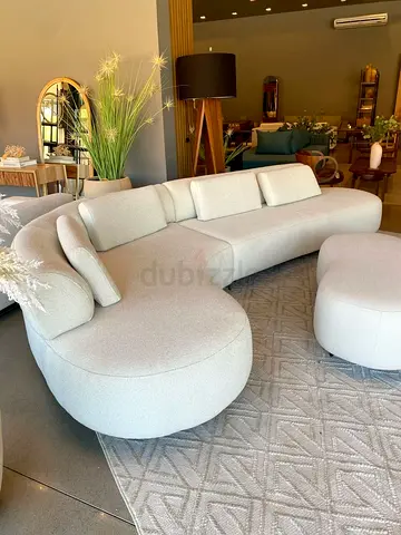 Curved Modular Fabric Sofa with Ottoman - Light Beige