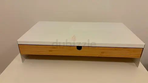 Ikea Elloven monitor stand drawer, white color and bamboo