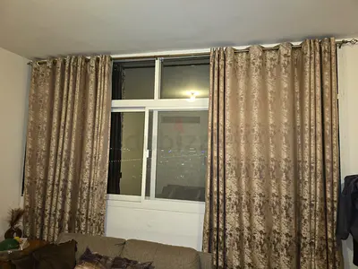 2 Set of Beige Crushed Velvet Curtains with Curtain Rod - Good Condition