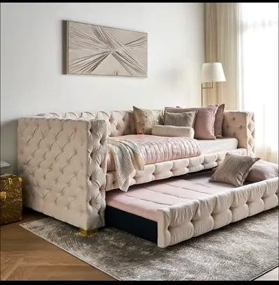 Tufted Daybed with Pull-Out Trundle Sofa - Beige Velvet