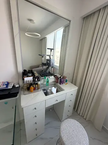 Wooden White marble-look vanity dressing table with large mirror and stool
